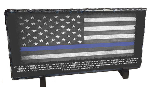 Thin Blue Line Flag With Police Officer's Oath Slate Rock Desk Easel